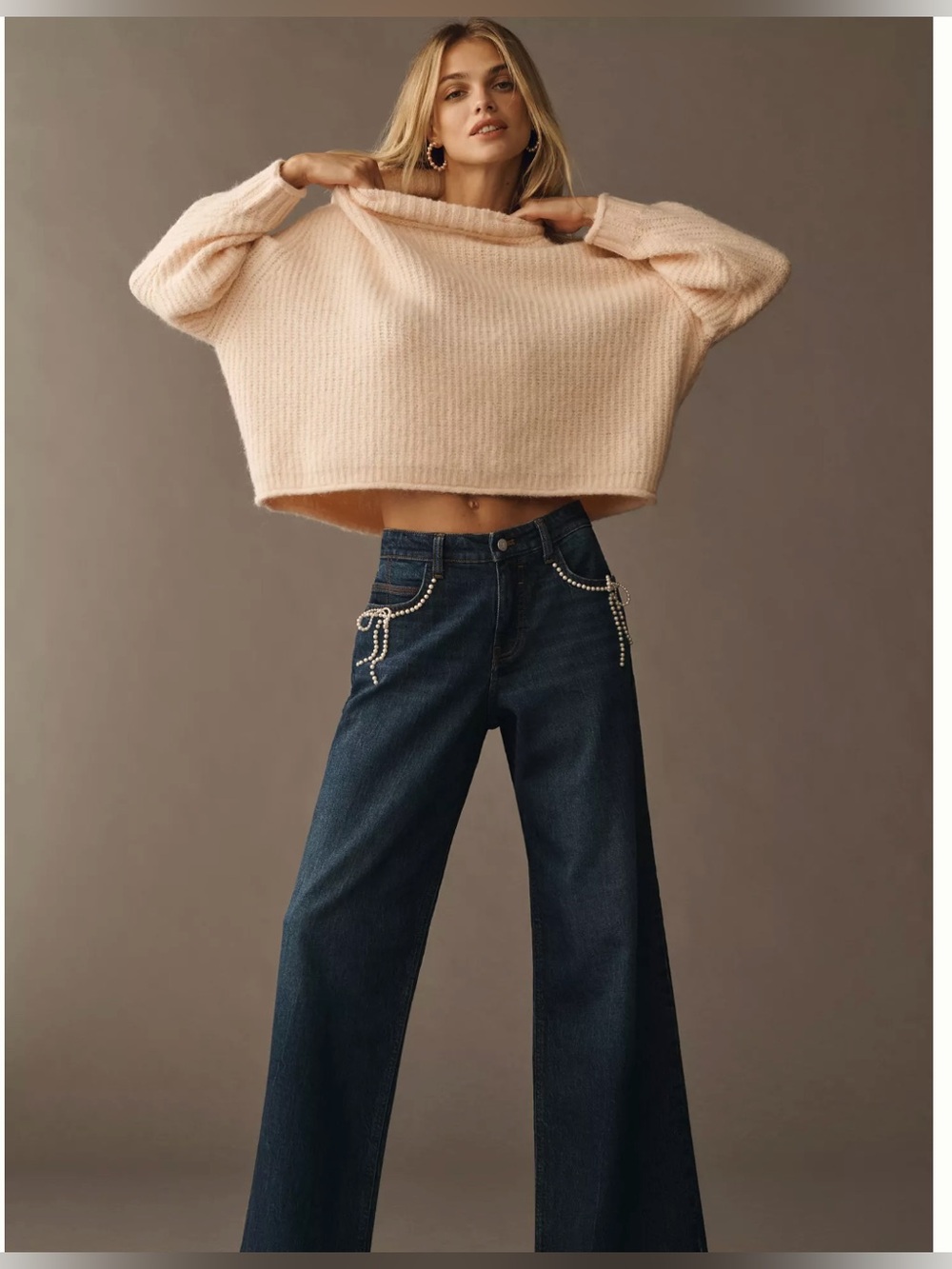 Anthropologie Pearl-Embellished Low-Rise Wide-Leg Jeans by Pilcro in Blue